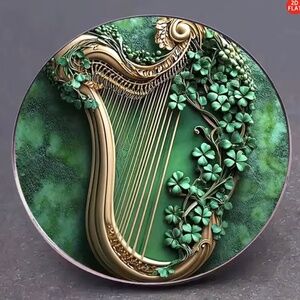 Irish Theme Round Brooch | Golden Harp Four-leaf Clover Design - New With Tags